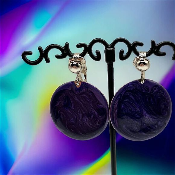 Purple Round Marble Clip-On Earrings Vintage! - Picture 1 of 11
